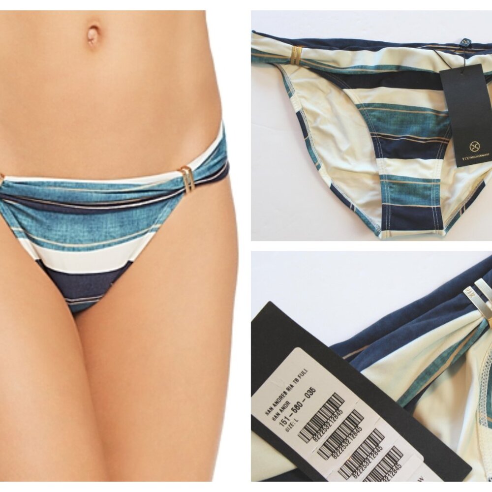 ViX San Andres Bial Bikini Swim Bottom 24k Gold Plate Sliders Blue Large NWT